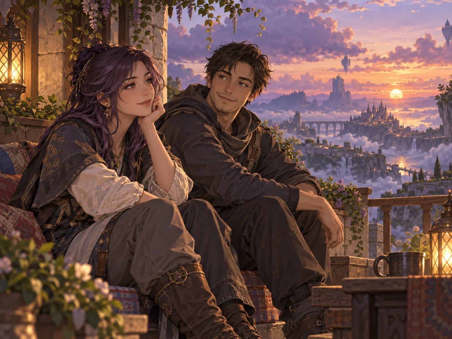Two adult adventurers sharing a quiet moment on a terrace above the clouds.