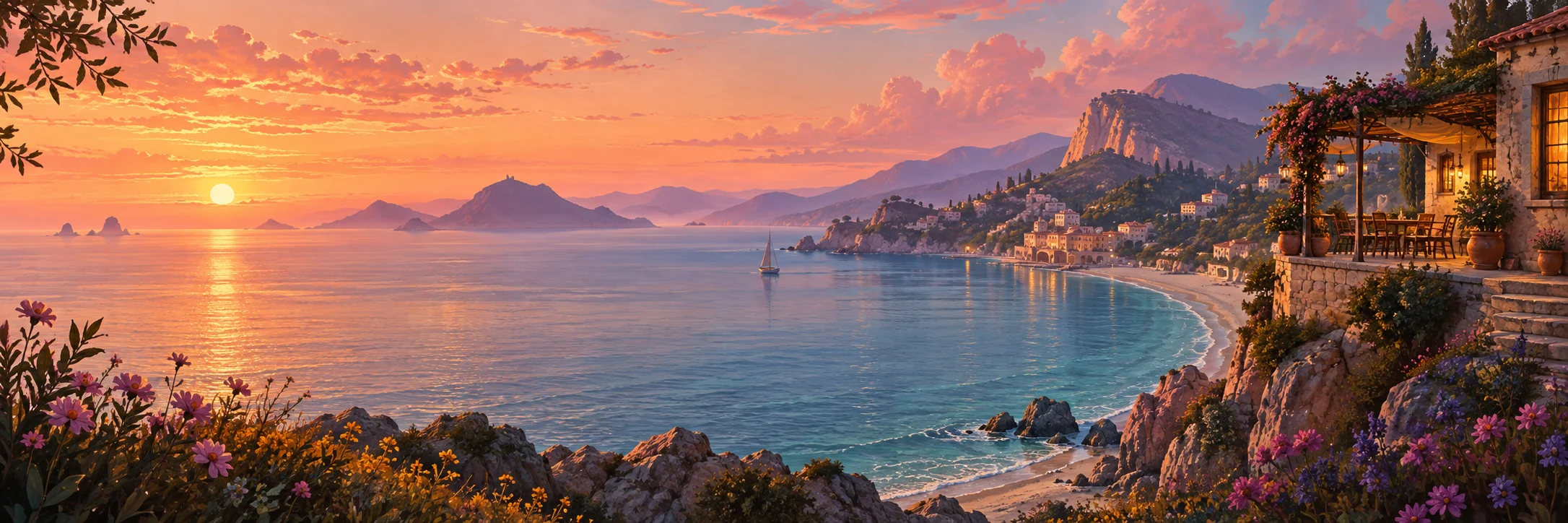 A coastal café overlooking a peach-colored sunset and a quiet bay.