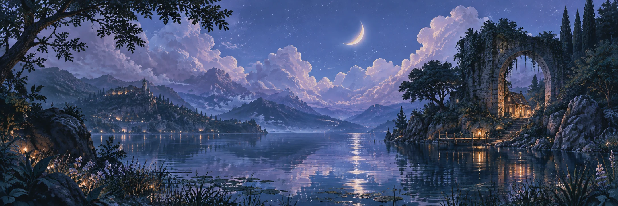 Lilac clouds and ancient stone arches reflected in a quiet lake.